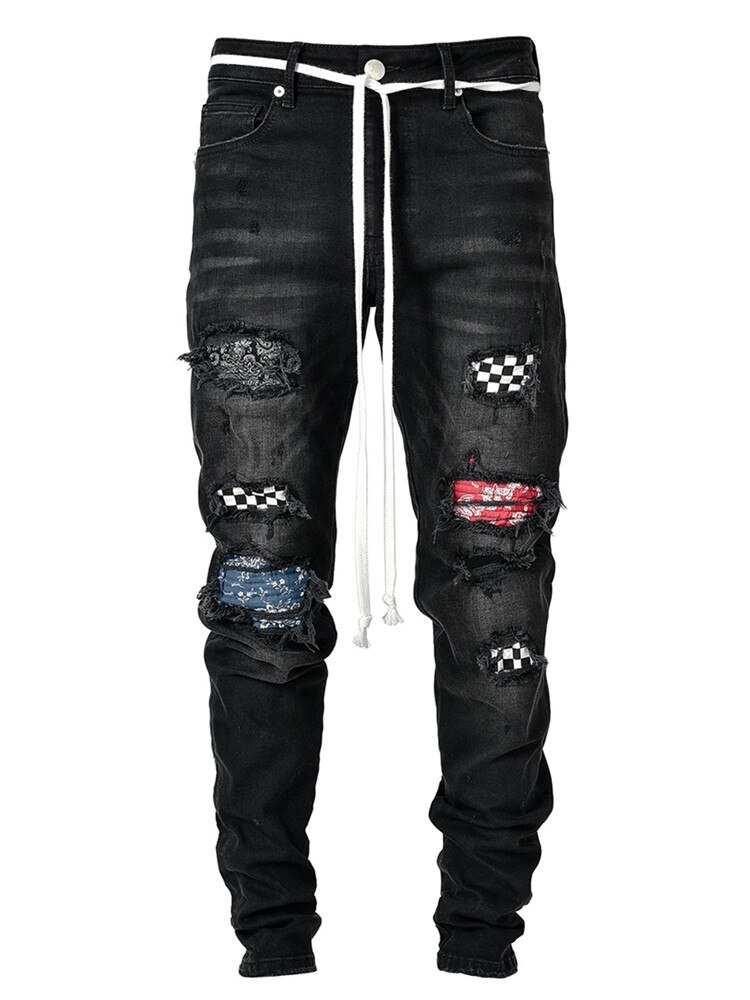 Männer Heißer schlank Jeans Zerrissene Netz Patchwork strecken Denim Hosen Elastische Hüfte-hüpfen Joggen Bleistift Hosen männer kleidung: zurück / XXL