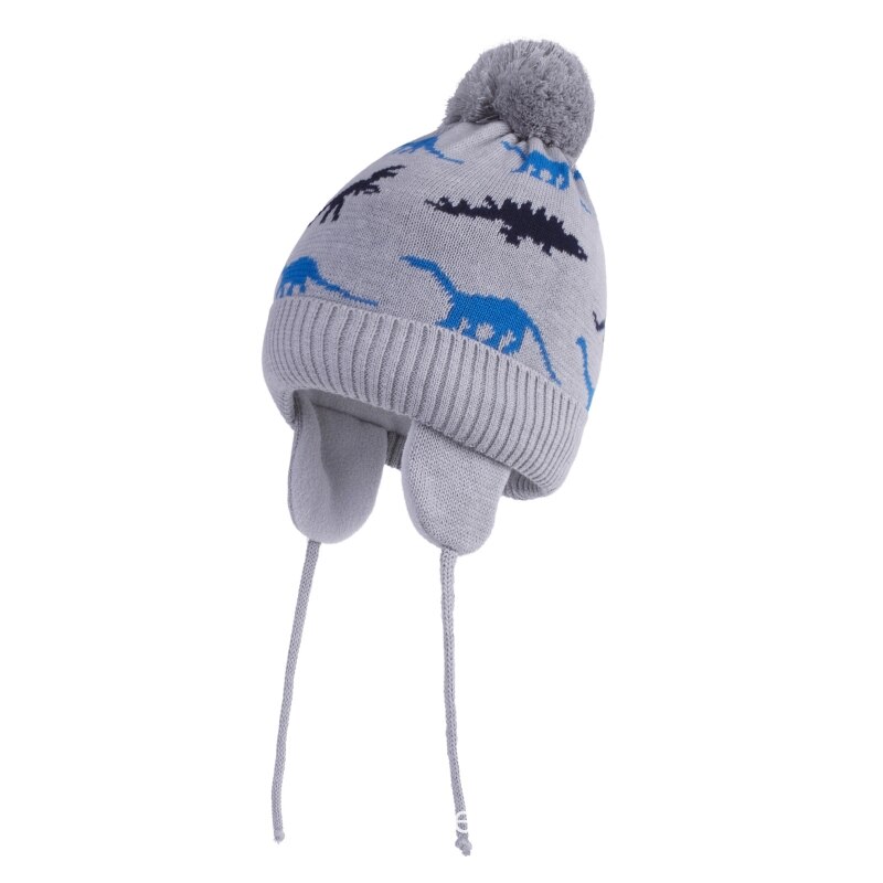 Toddler Baby Boys Cartoon Dinosaur Jacquard Beanie Warm Knitted Hat Earflap B36E