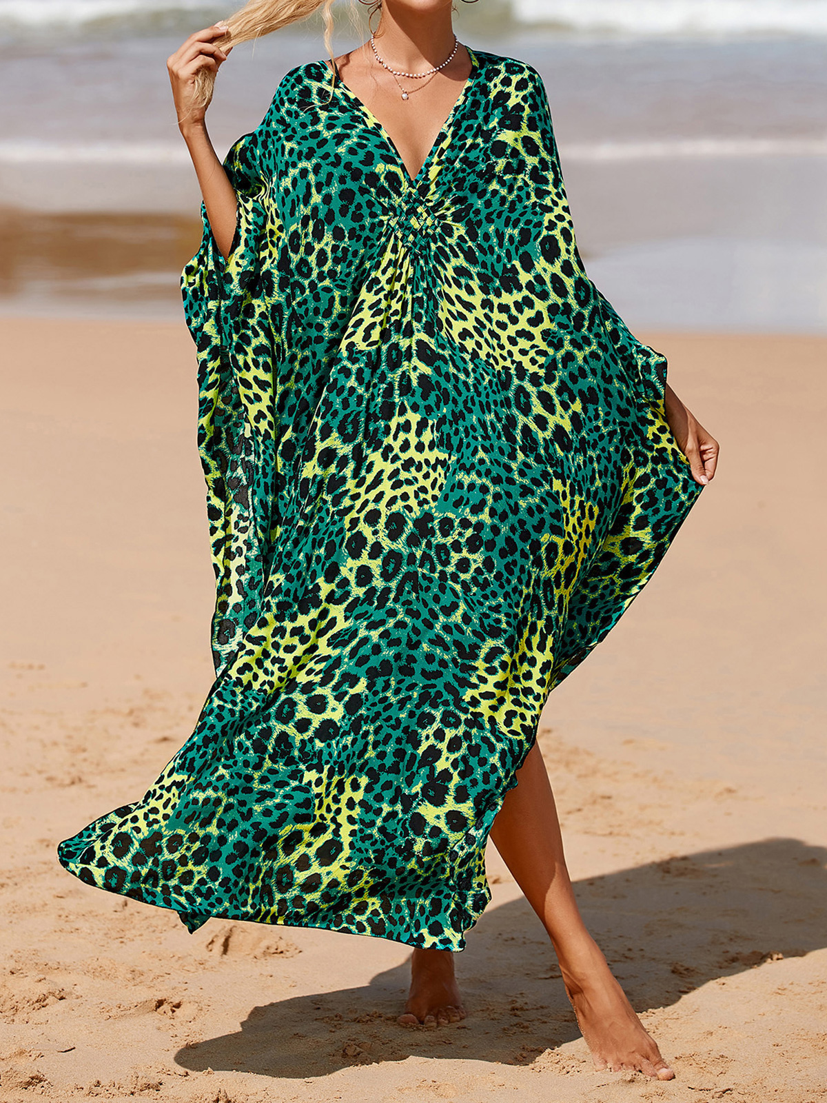 Vestido Longo Feminino Estampado Zebra com Decote V para Praia, Saída de Praia, Moda Praia V4159: Prata