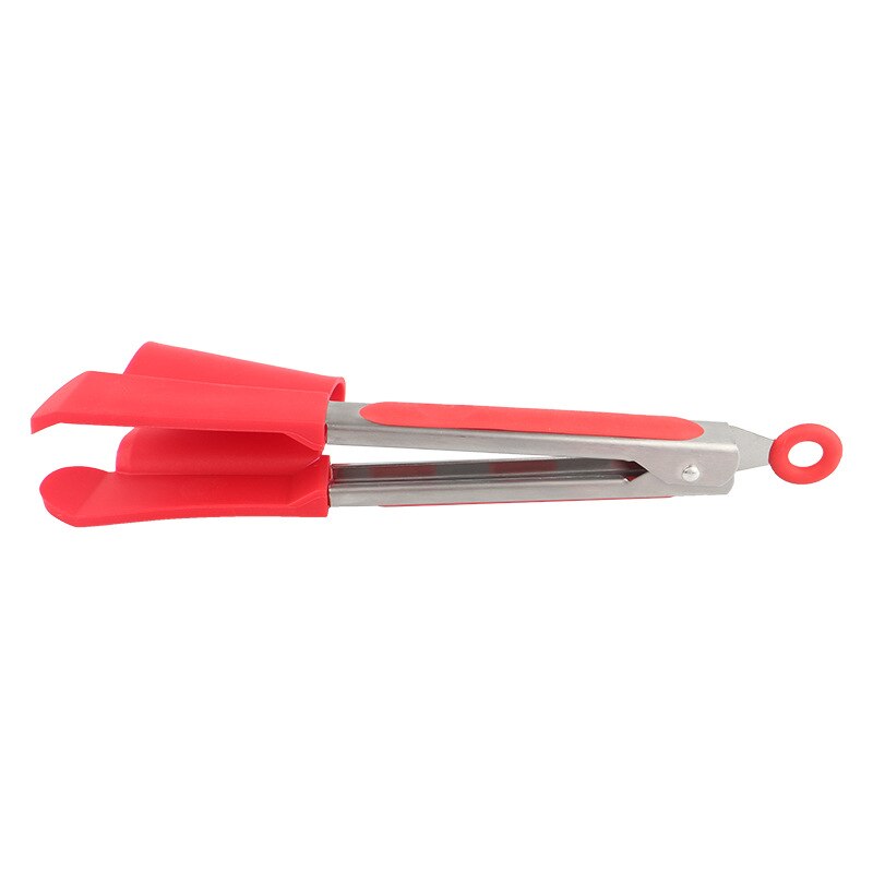 2 In 1 Smart Keuken Spatel En Tang Non-stick Hittebestendige Rvs Frame Silicone Tang Keuken Gereedschap gadget: 9 inch red