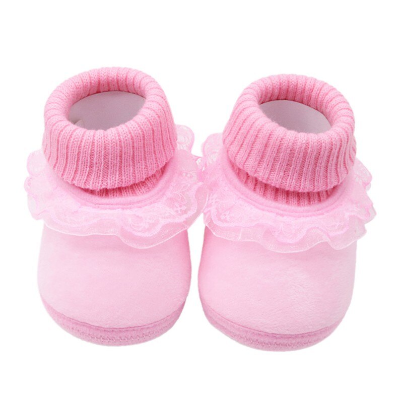 Herbst Winter Neue Neugeborenes Baby Jungen Mädchen Baumwolle Stiefel Casual Einfarbig Warme Bequeme Woolen Garn Booties Mit Blume Rand: Pink / 13-18 Monate
