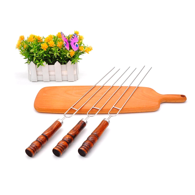 1PCS Barbecue Skewers U-Shaped BBQ Forks Stainless Steel Wooden Handle Double BBQ Sticks Corn Barbecue Fork