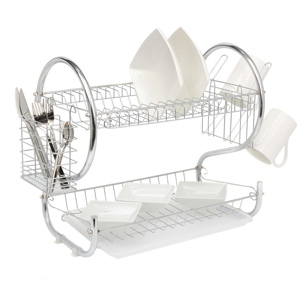 2 Tier Iron Chrome Dish Drainer Drying Rack Removable Rust Proof Utensil Holde For Kitchen Counter Storage Rack