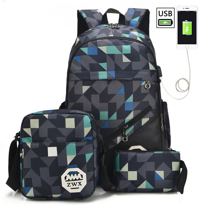 3 Pcs/set School Bags USB Charging Backpack Boys High School Backpacks Schoolbag For Teenagers Girls Student Book Bag Satchel: geometric 3 pcs