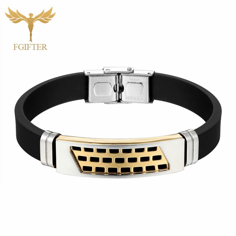 Fgift OL Geometrische Armbinde Edelstahl Charme Schwarz Silikon Gürtel Armbänder für Männer Frauen Armreifen Pulseira: golden Bangle / 17 cm