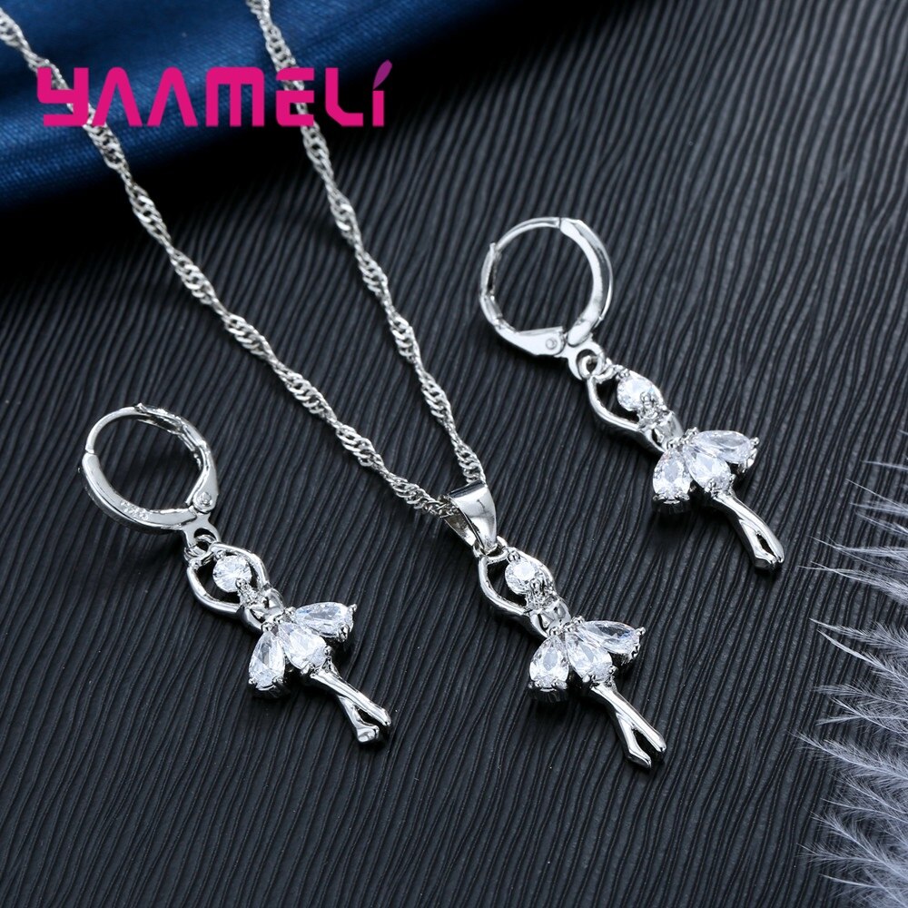 Solide S925 Sterling Silber Schmuck Sets Nette Ballett Tänzerin Halskette Hoop Schleife Ohrringe für Frauen Party