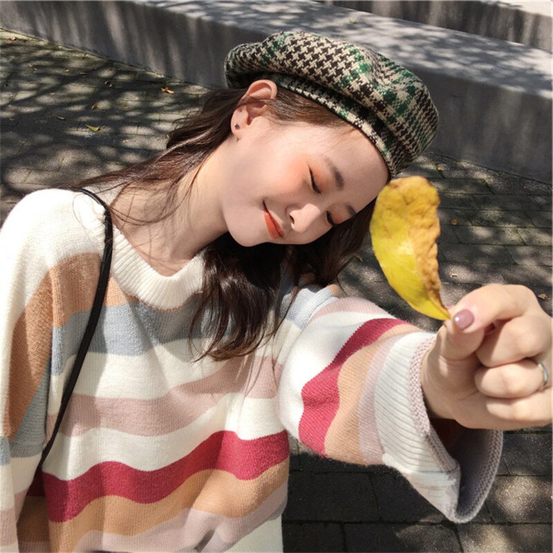 Kvinders efterår vinter søde trøjer smarte stribede hitfarve koreanske løs striktrøjer kvindelige all match ins trøjer