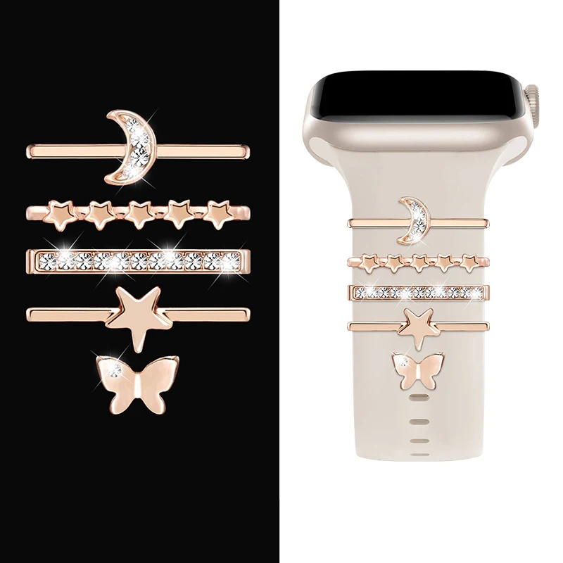 Anillo decorativo de correa de para Apple Watch, adorno de diamante, decoración de pulsera, dijes de Metal, accesorios de correa de silicona: Blue pink