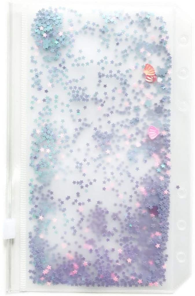 Archivador con agujeros y bolsillos de plástico para libreta, bolsa con cremallera para 6 anillos, con copos de brillantina, decoración de estrellas, A5/A6: A6 Purple