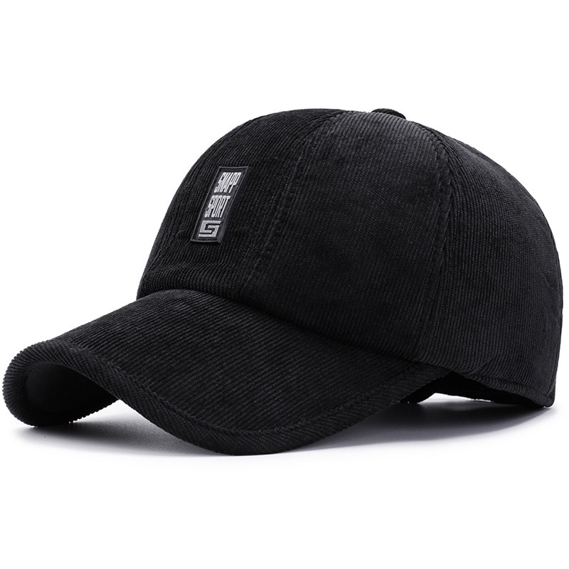 Winter Baseball Cap Katoen Mannen Outdoor Hoed Corduroy Oorbeschermers Warm Baseball Caps Winddicht Vader Hoeden: Black