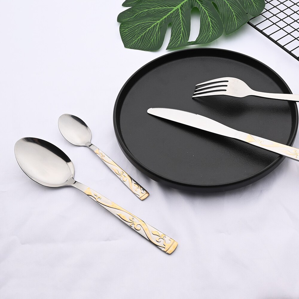 Vajilla de acero inoxidable dorada clásica, juego de cubiertos, cucharas occidentales, cuchillos, tenedores, Kit de cocina