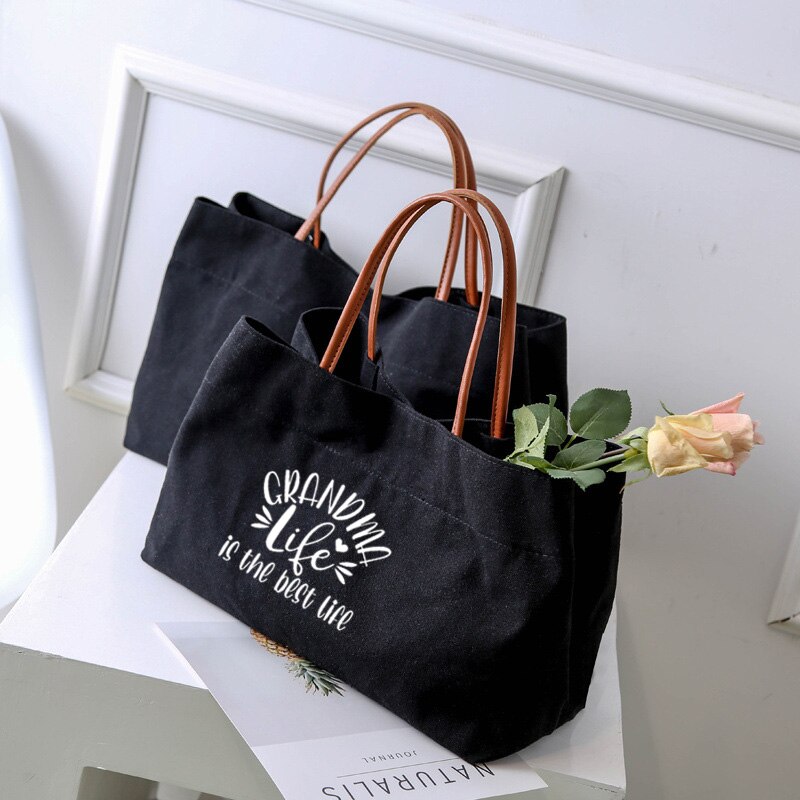 Grandma Life Funny Printed Canvas Tote Bag for Grandma Mother's Day Women Lady Casual Beach Shopping Work Bag Handbag: black