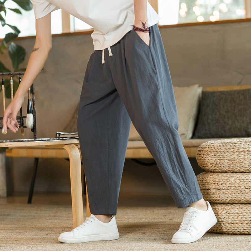 2023 letnie męskie spodnie bawełniane lniane modne spodnie na co dzień jednokolorowe oddychające luźne spodenki proste spodnie Streetwear M-5XL: XL / Beżowy