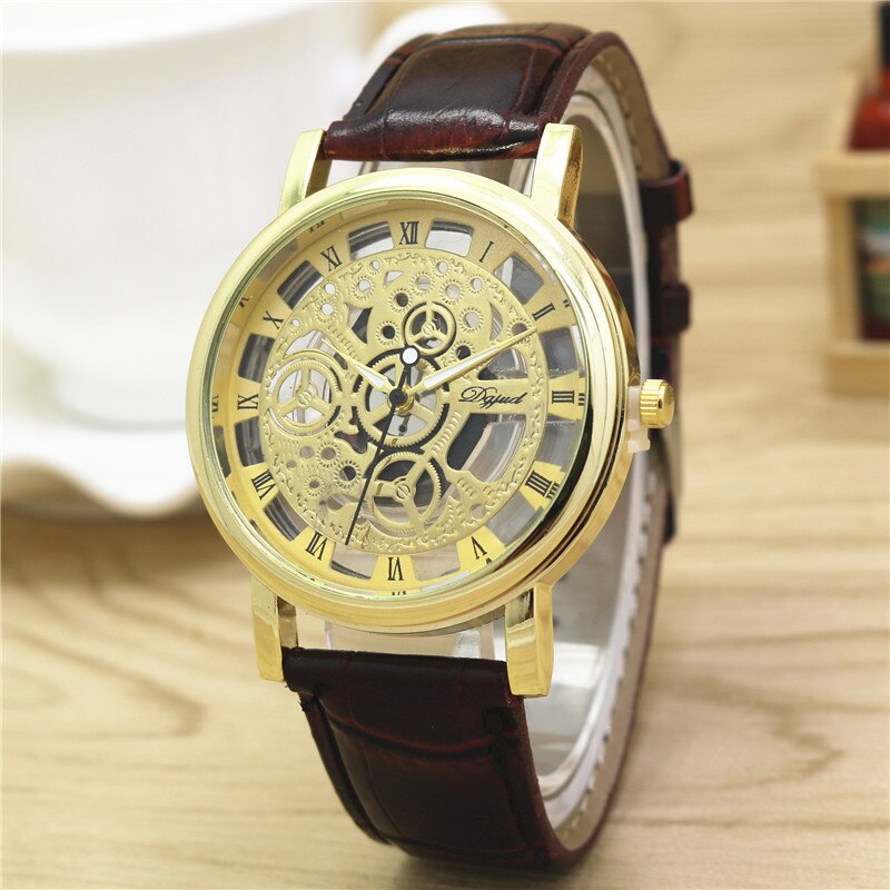 Lederen Quartz Vrouwen Horloge Hollow Out Horloge Casual Luxe Horloge Voor Vrouwen Novel Romeinse Cijfers Zegarek Damski: Brown Gold