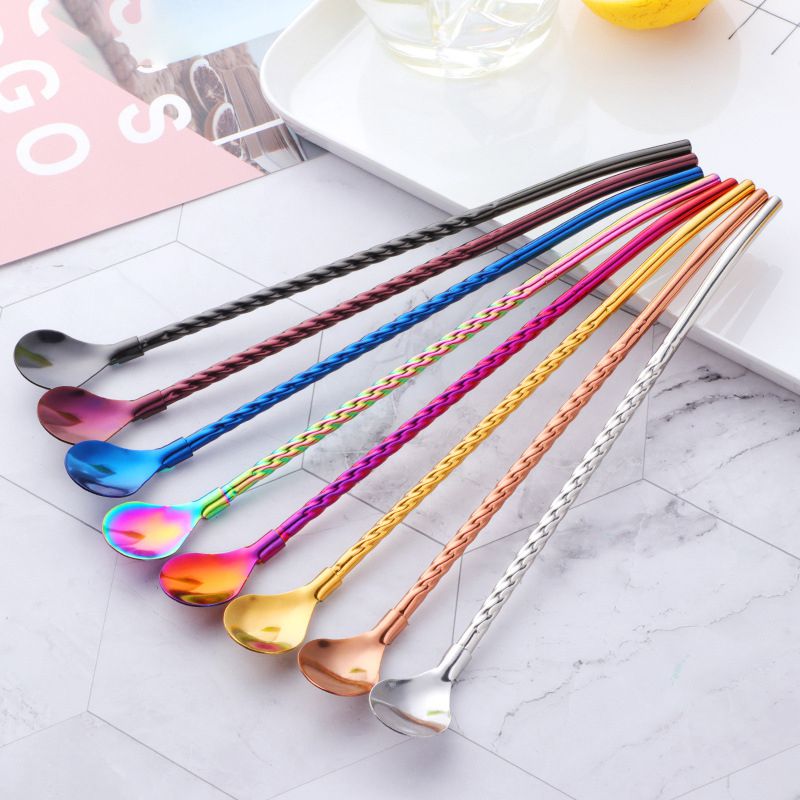Drinking Twisted Straw Spoon Stainless Steel Long Handle Tea Scoop Coffee Stir Stick For Bar Party Dinnerware Set