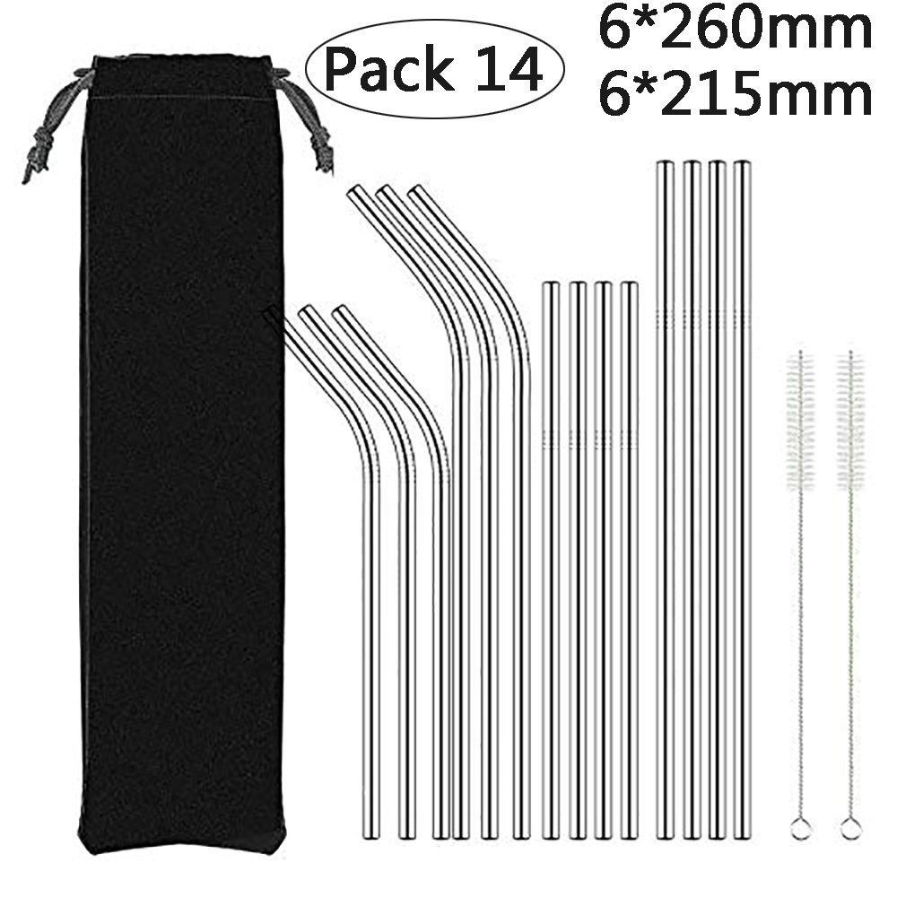 Paille métallique réutilisable 260x6mm, en acier inoxydable 304 de avec brosse de nettoyage pour tasses 20/30oz,: Pack14-2Brush-Bag