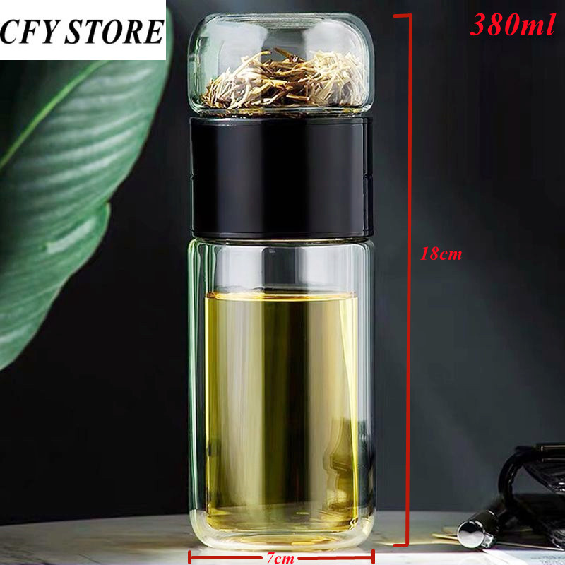 380ml Glass Double Wall Water Bottle High Borosilicate Glass Tea Water Separation Cup Milk Coffee Drinking Glasses Drinkware: Black 380ml