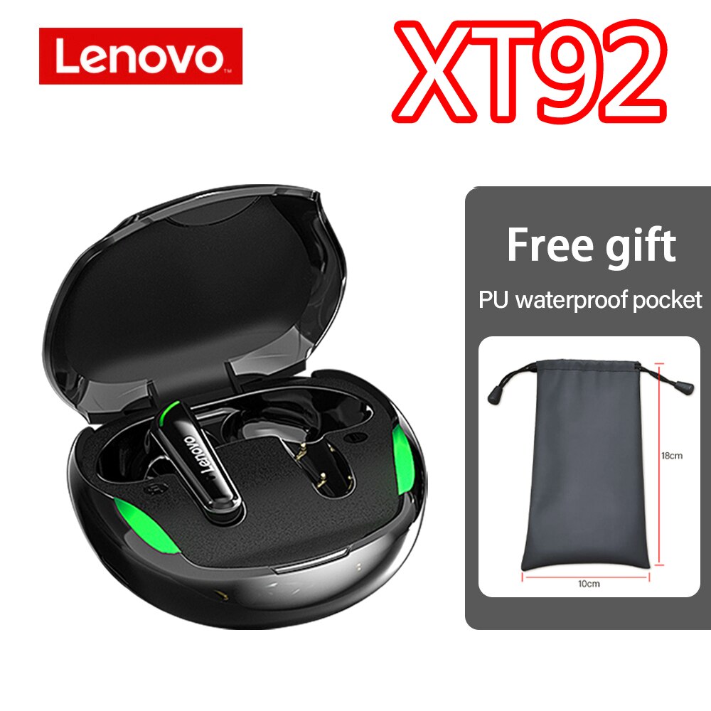 Lenovo XT90 XT92 Wireless Headphones Bluetooth Earphones TWS Headset Sports Low Latency Touch Control Waterproof Earbuds Fitness: XT92 Black-Bag