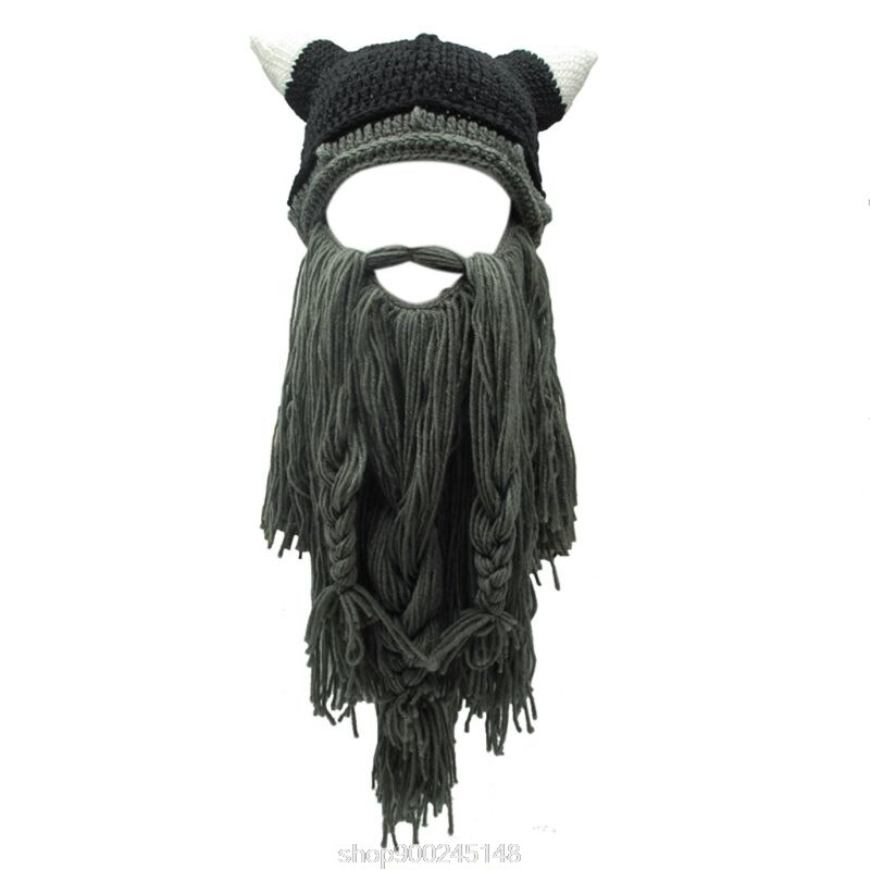 Vuxen cosplay stickad vikinga skägg horn hatt skidmask barbar vagabond vintage mössa vintervärmare  n12 20: B