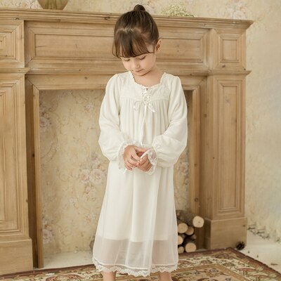 Camisones de princesa Lolita para niños y niñas, ropa de dormir de gasa con lazo, Vintage, de malla: White Lining / M Height 105-115cm