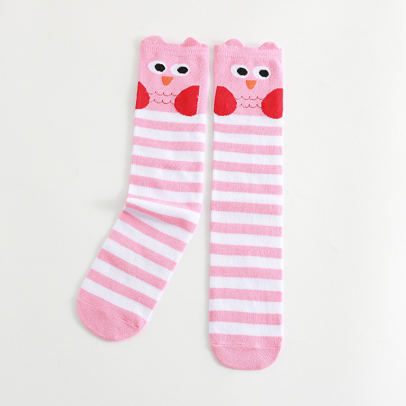 Medias de dibujos animados para niños y niñas, medias a rayas de lunares, búho, animales, hasta la rodilla, novedad de primavera y otoño: Pink