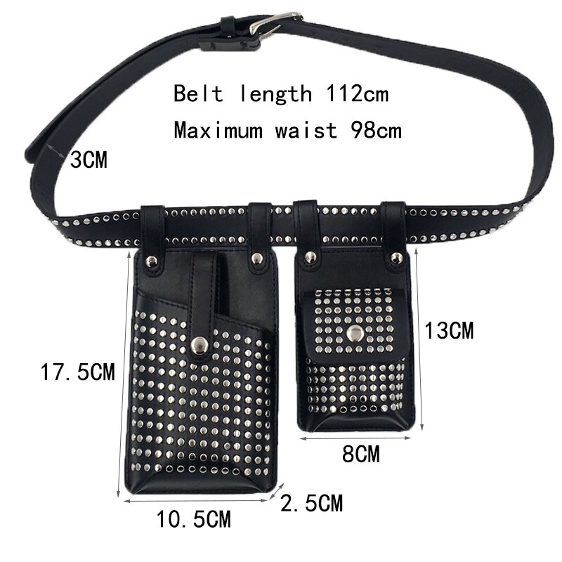 2 Stuks Klinknagels Punk Vrouwen Heuptas Hip Hop Crossbody Functionele Borst Bag Vrouwelijke Mode Heuptasje Riem Telefoon tas Dames Portemonnee