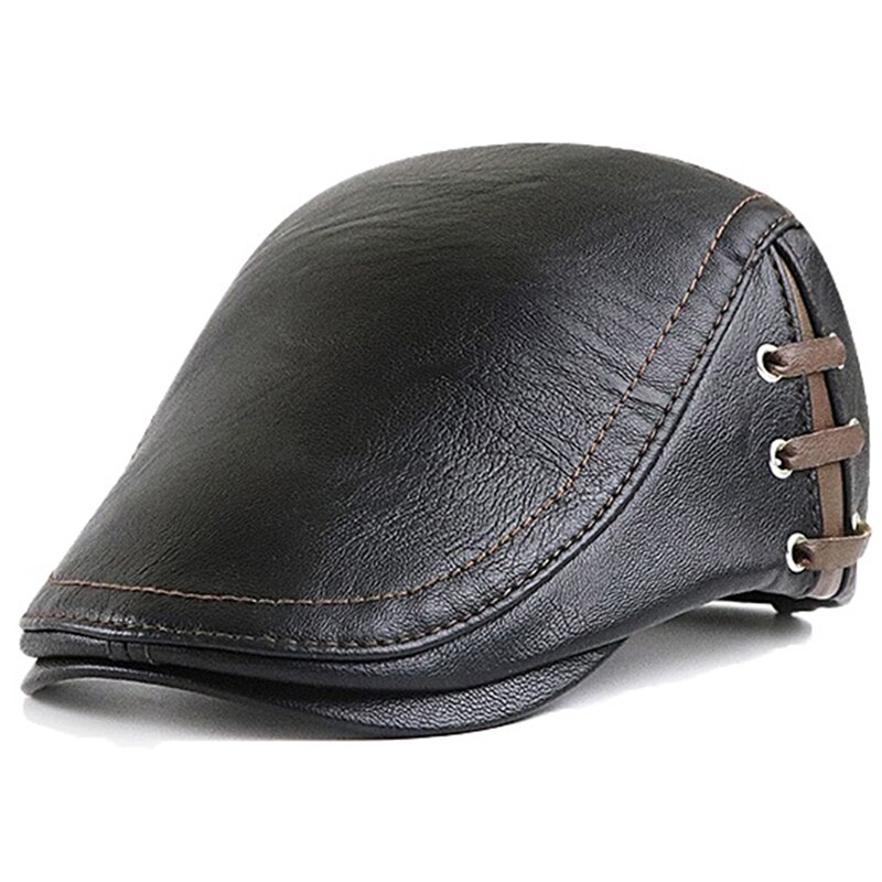 Gorros de cuero sintético para hombre, Boina a prueba de viento, plana, con correa lateral cálida, Boina Masculina: Black style2