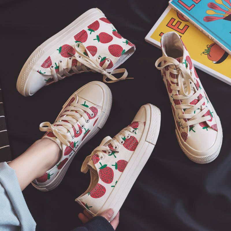 Vangull Lente Womens Aardbei Canvas Schoenen Hoge Top Wilde Studenten Schoenen Lage Top Zusters Snoep Schoenen Platform Sneakers