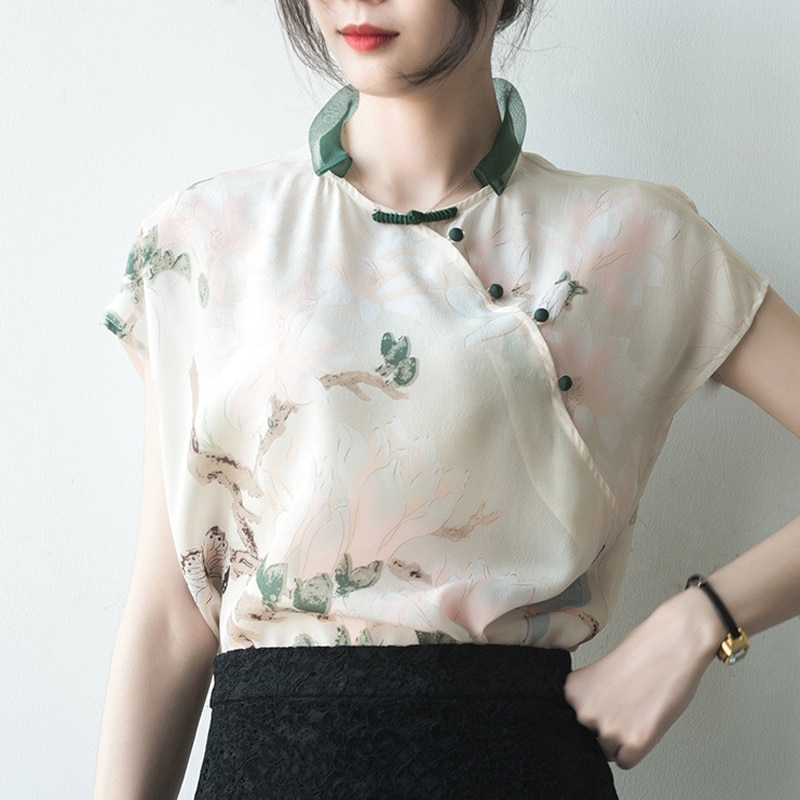 Chinese Traditionele Vrouwen Vintage Bloemenprint Qipao Tops Oosterse Kleding Hanfu Tee Shirt Qi Pao Cheongsam Tang Blouse T-shirt