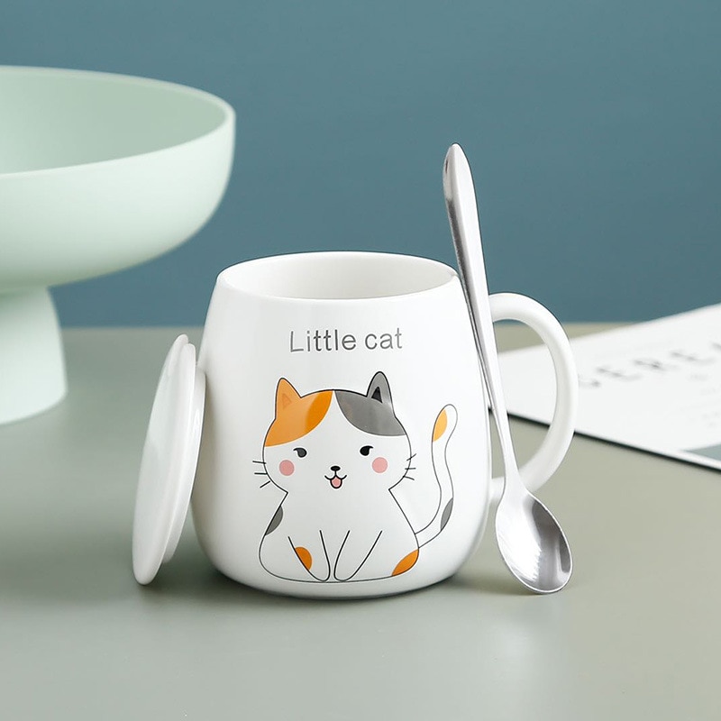 Cute Cartoon Cat Mug Animal Fox Ceramic Mug Office Mug for Girls and Dogs with Lid Spoon cute coffee mugs and cups: White cat