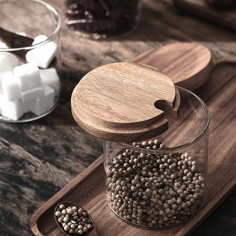 1 stk køkkenkrydderglas glas krydderi beholder salt krukker krydderi gryde med låg og ske krydderier opbevaringsglas glas krukke