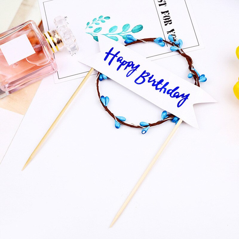 LED Glowing Flower Wreath Cake Topper Happy Birthday Cake Decor for Birthday Party Gold Leaves Cake Toppers: C