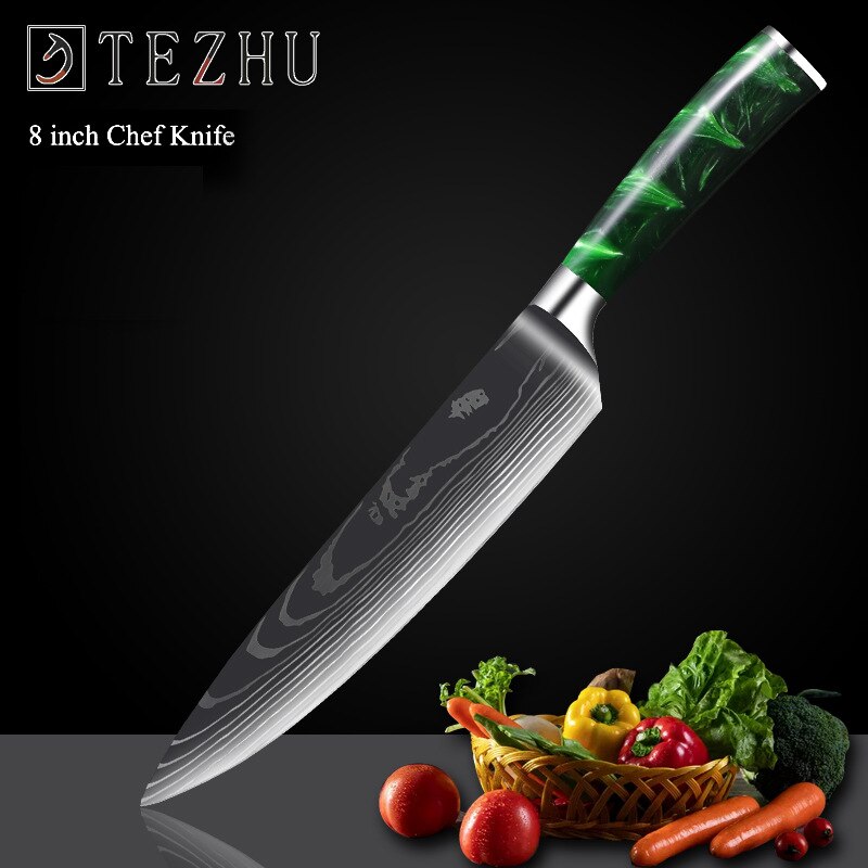 Professionele Keuken Messen Set Japanse High Carbon Staal Chef Messen Imitatie Damascus Patroon Slicer Santokumes Set: chef knife