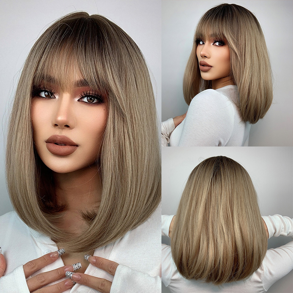 Peluca corta Bob rubia platino con flequillo, peluca rubia recta Natural sintética para mujeres blancas, cabello resistente al calor para fiestas diarias: Verde