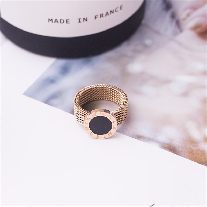 YUN RUO Rose Gold color 316L Titanium Steel Roman Numerals Woven Mesh Cheap Ring Woman Jewelry Never Fade