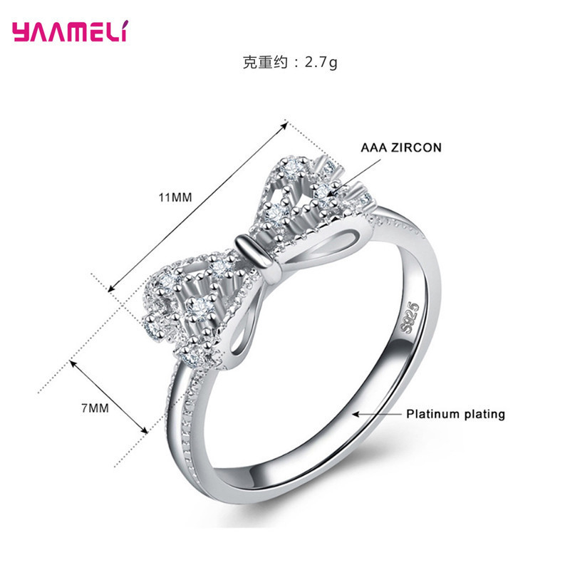 Anillos de boda de plata esterlina 925 con de lazo con cristales cúbicos AAA brillantes para mujer, joyas, anillos de compromiso a la
