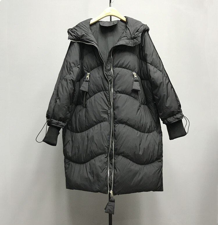 Versión coreana de chaqueta gruesa de pan chaqueta de plumas chaqueta gruesa de longitud media tejida mangas roscadas suelta de gran tamaño: Black / M
