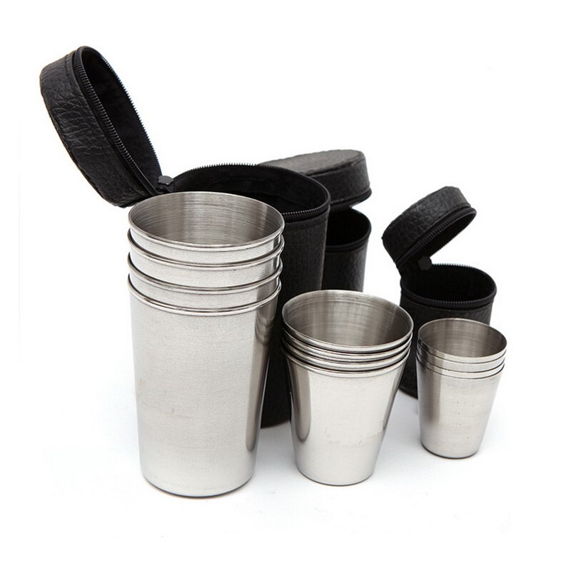 Bärbart rostfritt stål polerat vin dricksglas glas kopp kärl 4 st / set med läder täckväska väska bärväska barware