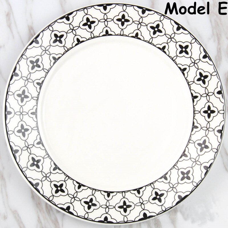Assiette plate à figures géométriques, style simple, plat à salade, plateau à nourriture en céramique, assiette à pâtes, vaisselle, plat à petit-déjeuner, noir et blanc: Modèle e