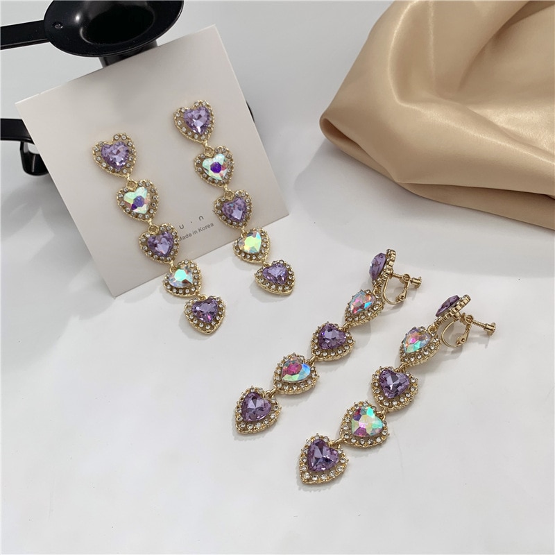 Korean Style Temperament Luxury Long Big Purple Love Heart-shaped Shinny Rhinestone Clip Earrings Non Pierced Earrings for Women