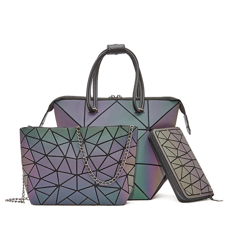 świetlny zestaw Crossbody torby dla kobiet 2020 geometryczne deformować torebki i torebki femme worek holograficzny pani torba na ramię: Bucket Chain 3szt