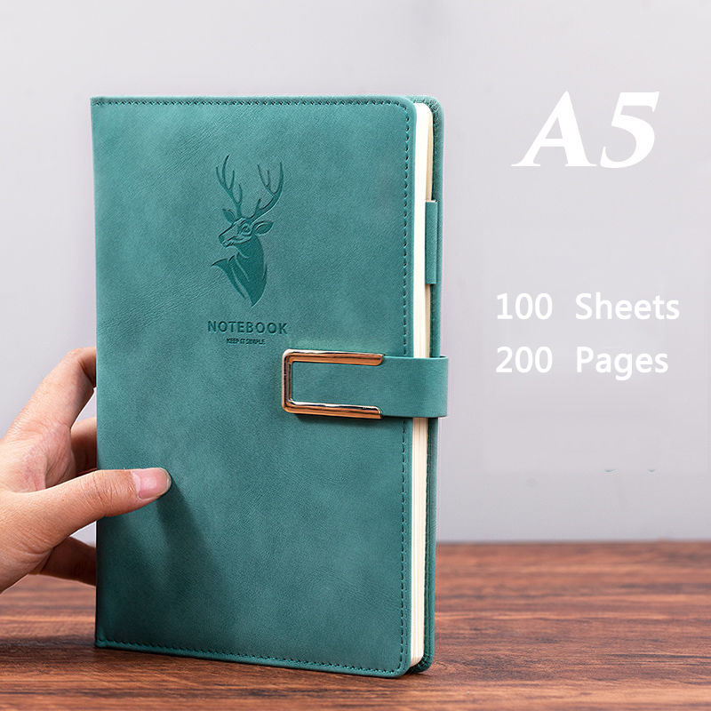 200 Pages A5 Notebook Business Office Work Planner Leather Notepad School Office Stationery: Green
