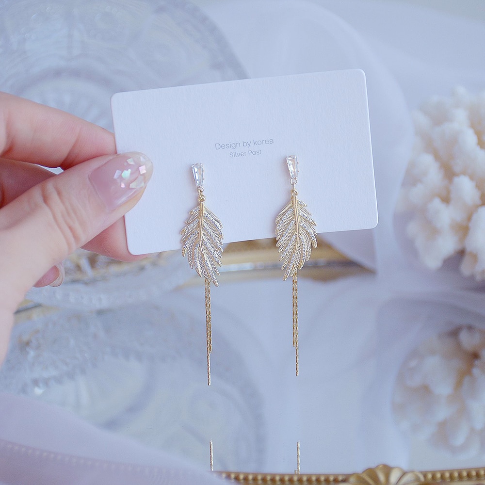 Exquisite Gold Leaf Tassel Stud Earring for Women 14k Real Gold Micro Pave Zircon Earring Bohemia Jewelry Accessories