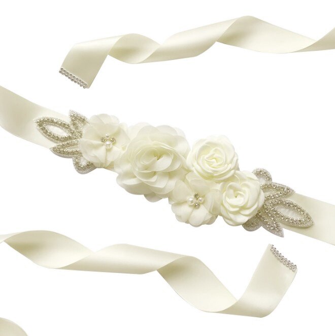 Green Blue Blush Pink White Flower Belts For Women Girl Flower Style Bridal Prom Dress Accessories Bridesmaid Sash Floral Belt: Ivory