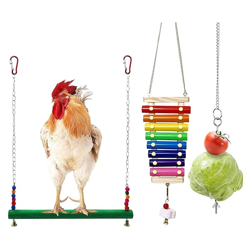 3PCS Chicken Toys Chicken Swing Toy,Wood Stand for Chicken Coop Swing Ladder Toys Vegetable Hanging Feeder for Chicken: Default Title
