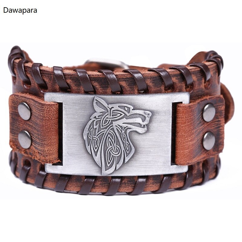 Dawapara Viking Wolf Hoofd Armband Voor Mannen Badge Charm Punk mannen Zwart Lederen Armband Brede Leren Armbanden Voor Vrouwen: Sliver and Brown