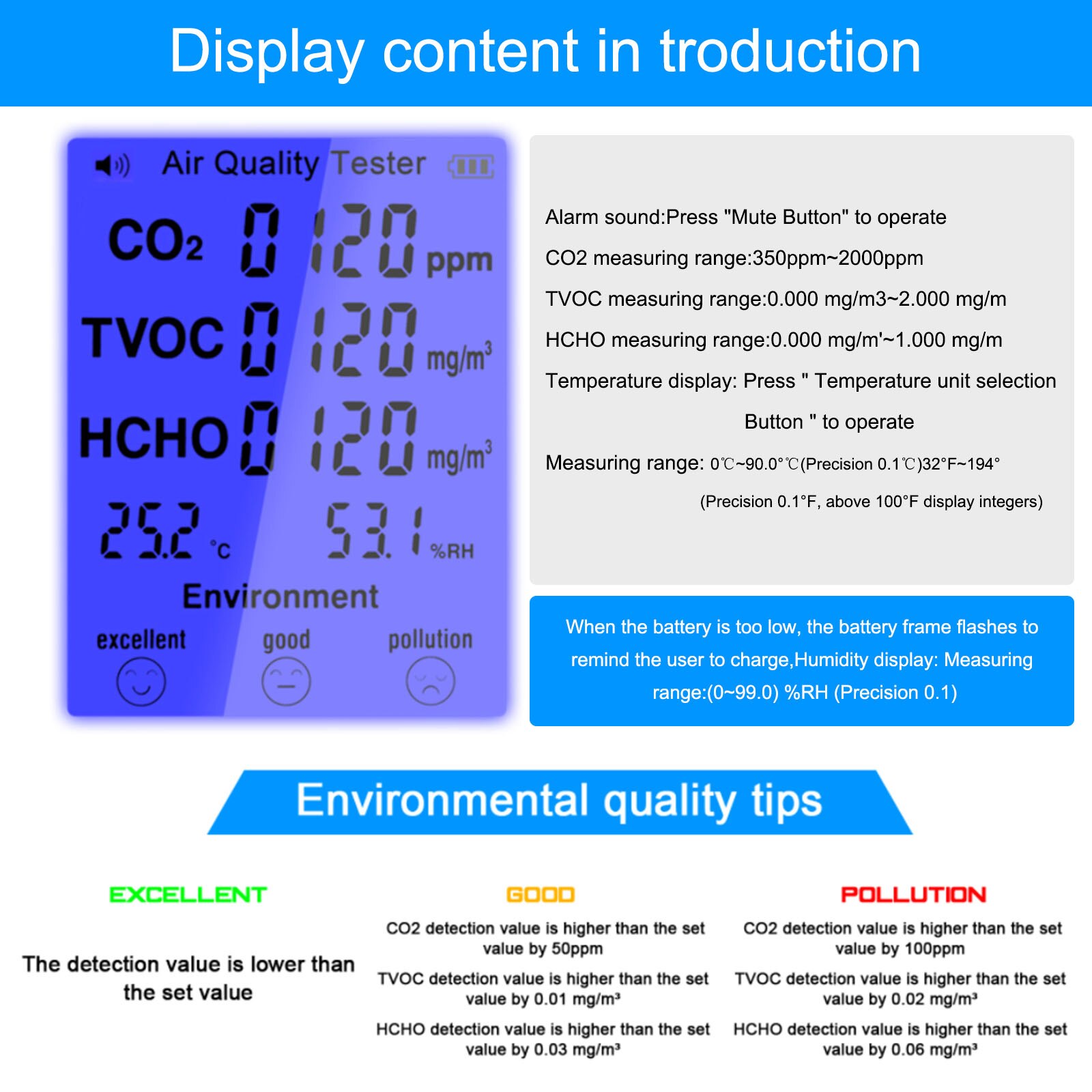 JD-3002 Carbon Dioxide Detector CO2 Comprehensive Air Detector Temperature and Humidity Detection