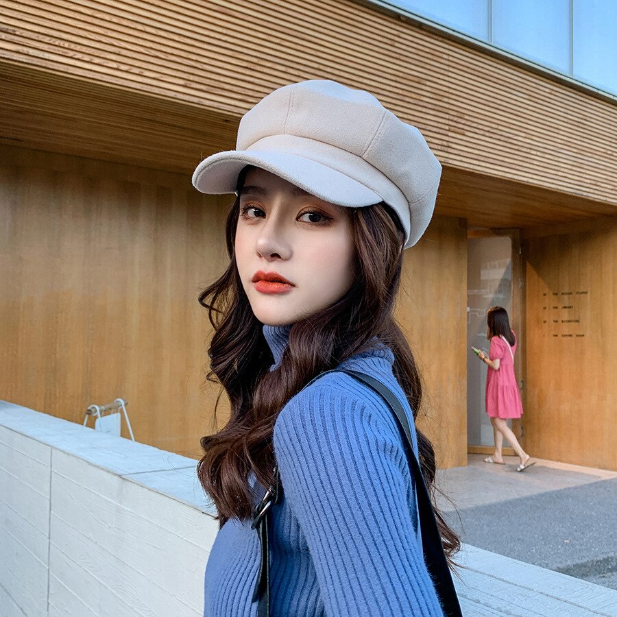 YQYXCY Winter Hats For Women Thickened Warm Beret Octagonal Hat Female Retro Painter Cap Solid Color Newsboy Cap Gorras Korean: beige