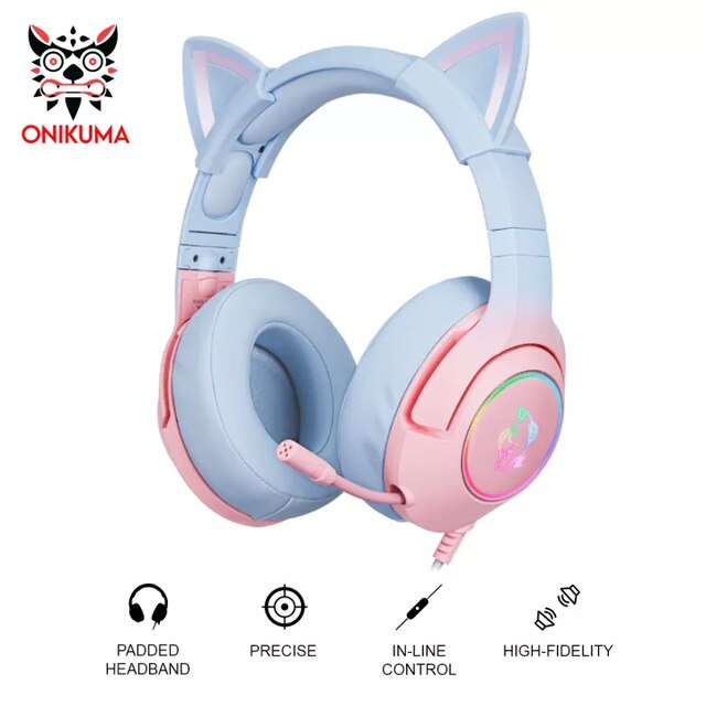 （original box）onikuma  k9 pink cute cat ear hovedtelefon med mikrofon gaming headset og støjreducerende med led lys