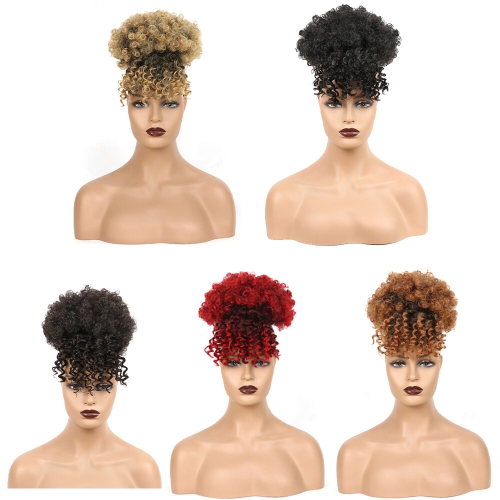 Ponytail Drawstring With Bangs Afro High Puff Hair Bun Synthetic Short Kinkys Curly Pineapple Pony Tail Clip in on Wrap Updo